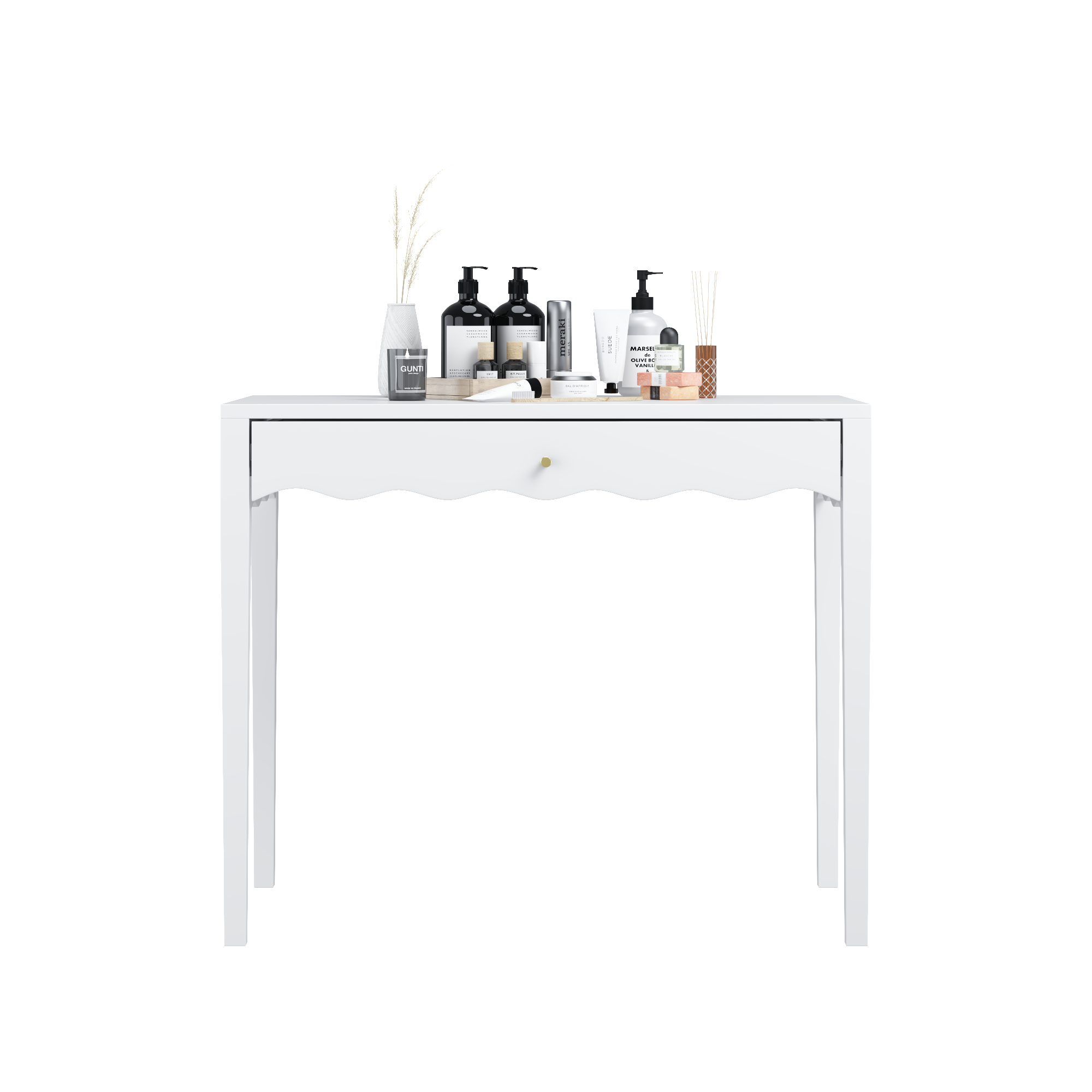 White 35.43' Vanity Desk with Drawer – Modern Makeup Table with Scalloped Front & Gold Knob, Compact Writing Desk with 4 Sturdy Legs for Bedroom, Small Home Office & Apartment Spaces - Grand Goldman Shop