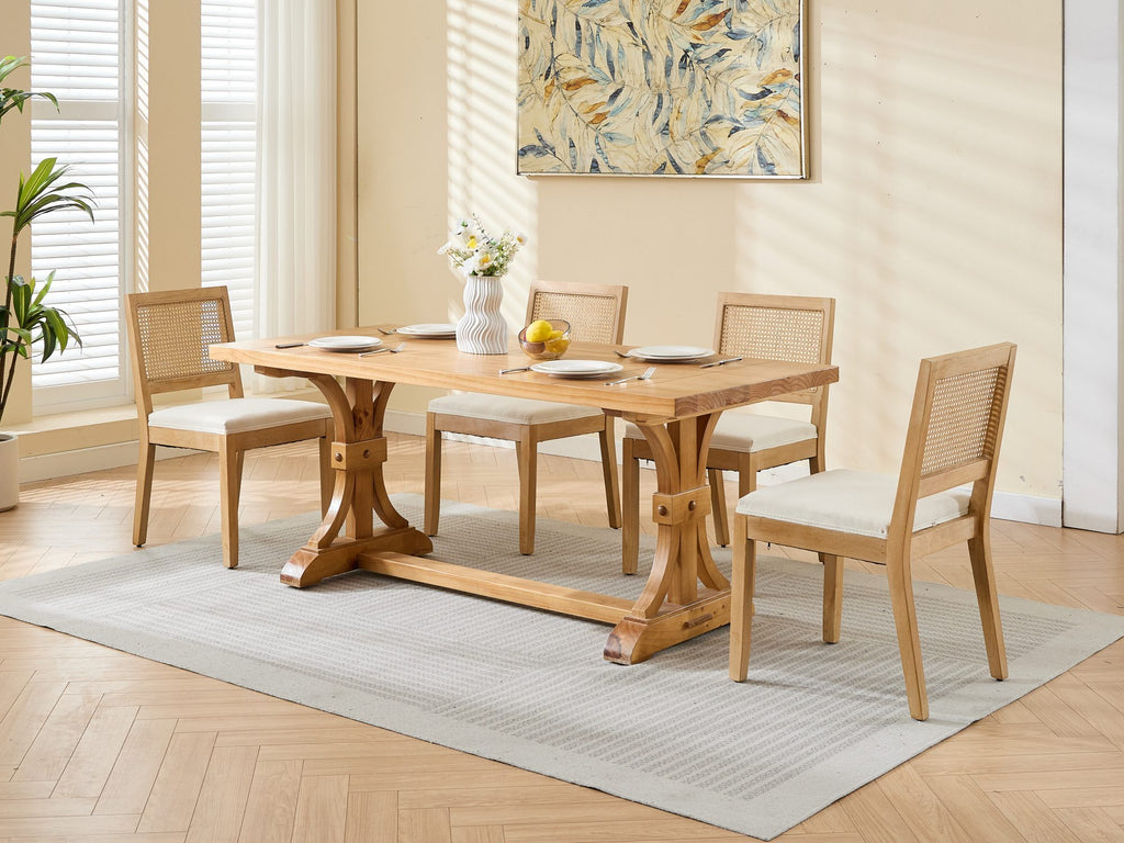 Farmhouse Rattan Dining Chairs Set of 2, Mid Century Modern Kitchen & Dining Room Chairs, Cane Upholstered Kitchen Side Chair with Natural Hardwood Frame, Beige - Grand Goldman Shop