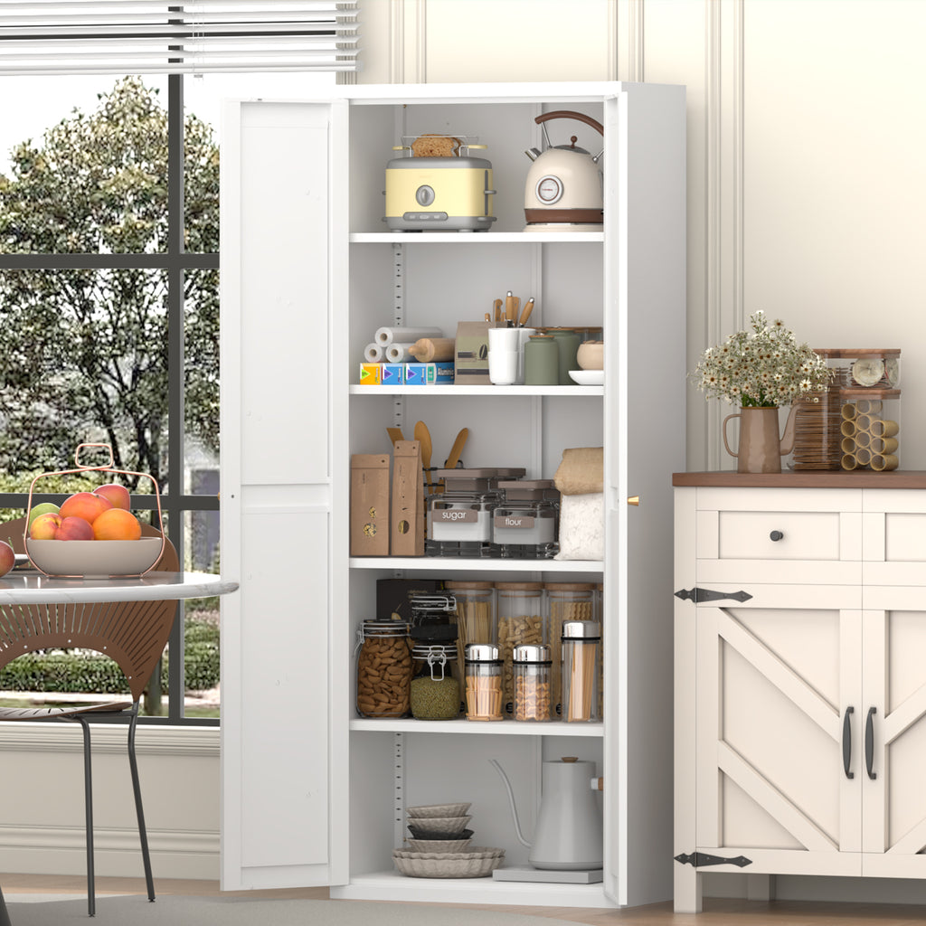 White Metal Adjustable 2-Door Storage Cabinet with Powder-Coated Steel, Tall Kitchen Pantry Cabinet with Adjustable Shelves f