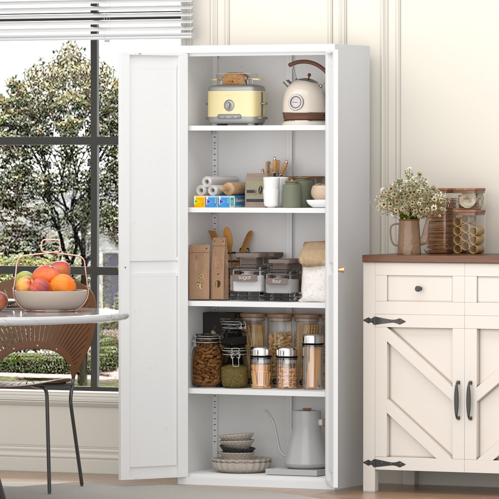 White Metal Adjustable 2-Door Storage Cabinet with Powder-Coated Steel, Tall Kitchen Pantry Cabinet with Adjustable Shelves f