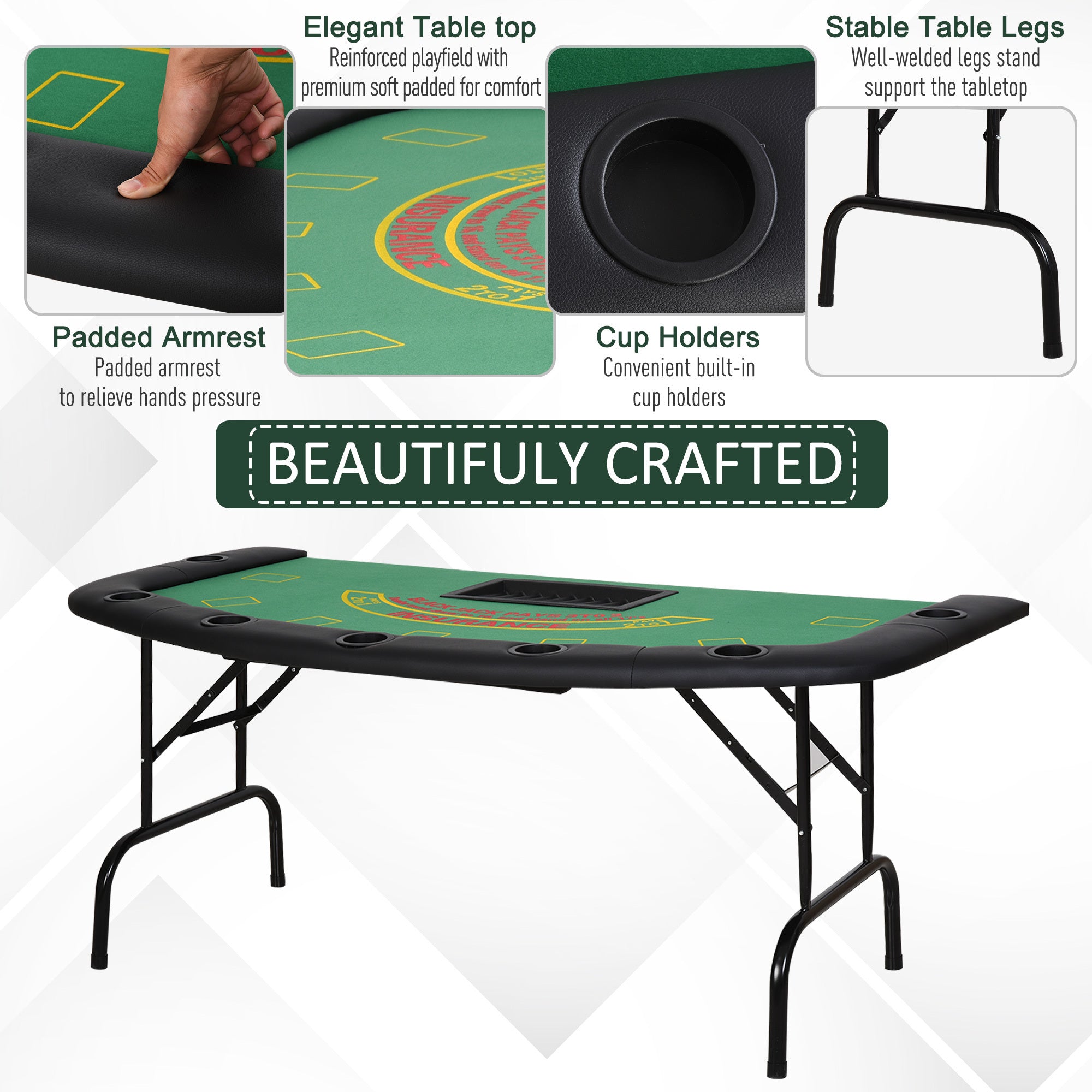 Soozier Poker Table Foldable, 72' Blackjack Table for 7 Players with Chip & Cup Holder, Green Felt | Premium Home Decor - Gra