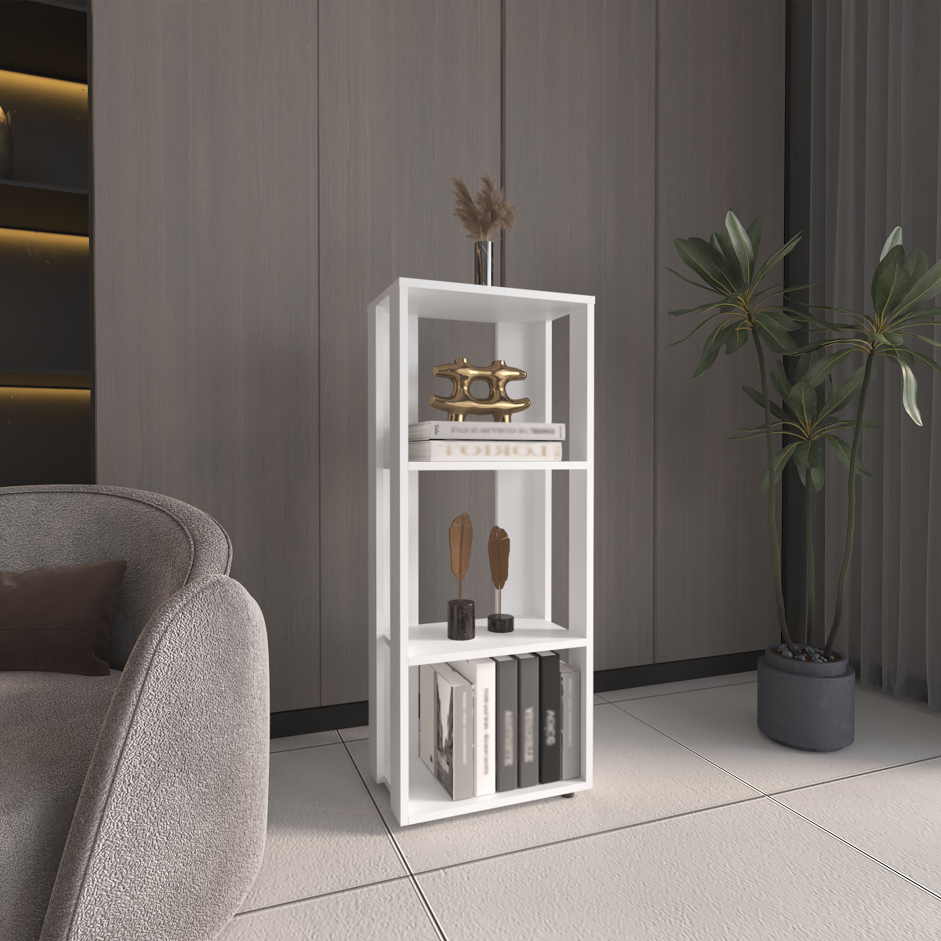 Eco 39' Tall Four-Tier Bookcase, Living Room, Storage Cabinet, Shelves White - Grand Goldman