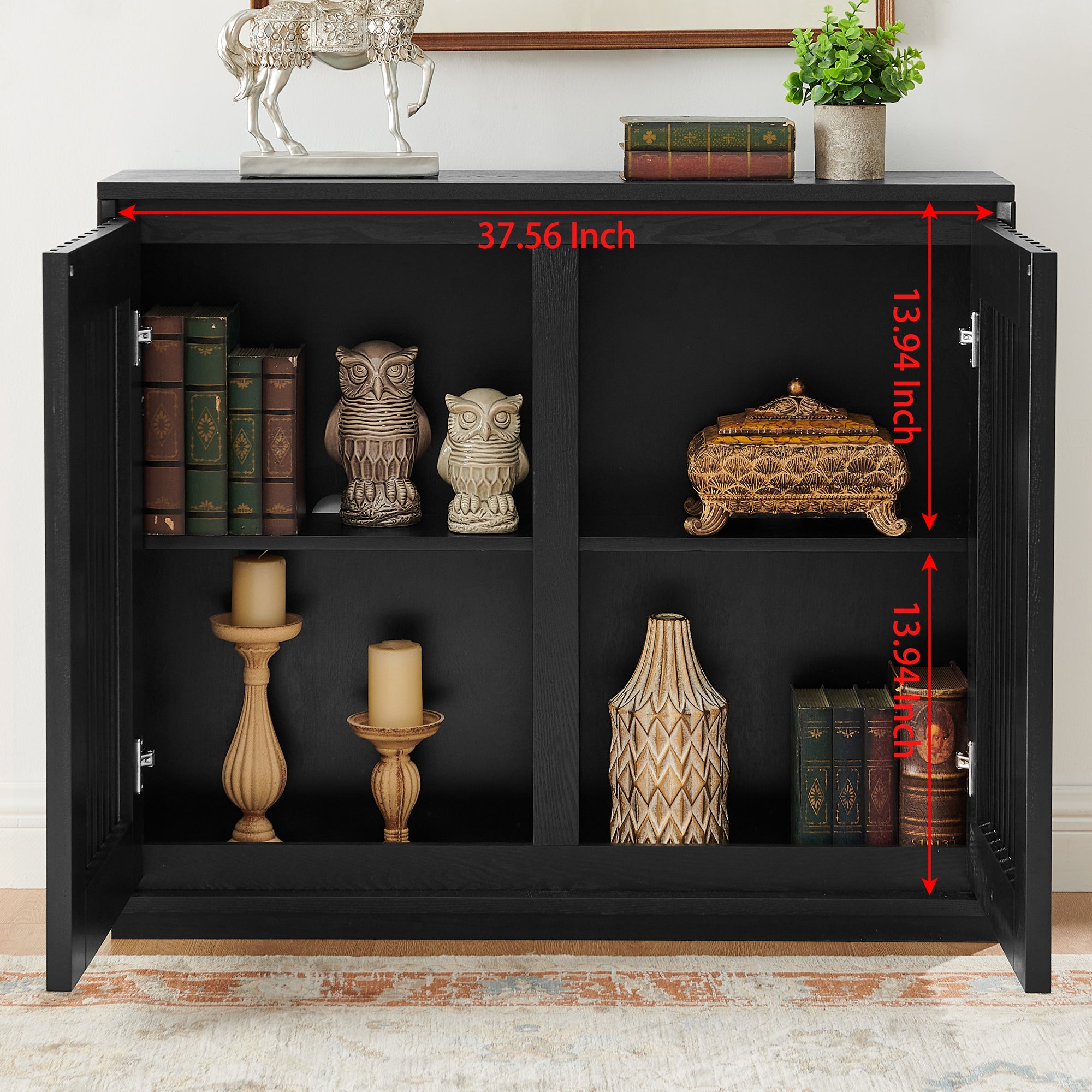 Mid Century Modern Fluted Hollowed Out Sideboard Cabinet with 2 Outlet Holes, Buffet Cabinet with Storage, Black Storage Cabinet for Living Room, Entryway, Hallway, Dining Room, Kitchen - Grand Goldman Shop