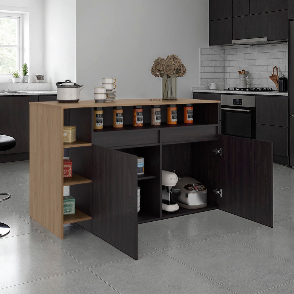 Elgin Kitchen Bar Counter with Ample Storage and Shelves, Black Wengue / Natural Oak - Grand Goldman Shop