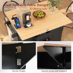 K&K 55.7'' Large Kitchen Island with 2 Drop Leaf,, Rolling Kitchen Cart on 5 Wheels with Power Outlet, Folding Storage Dining Table with Spice & Towel Rack , 3 Drawers, for Kitchen, Dining Room,Black - Grand Goldman Shop