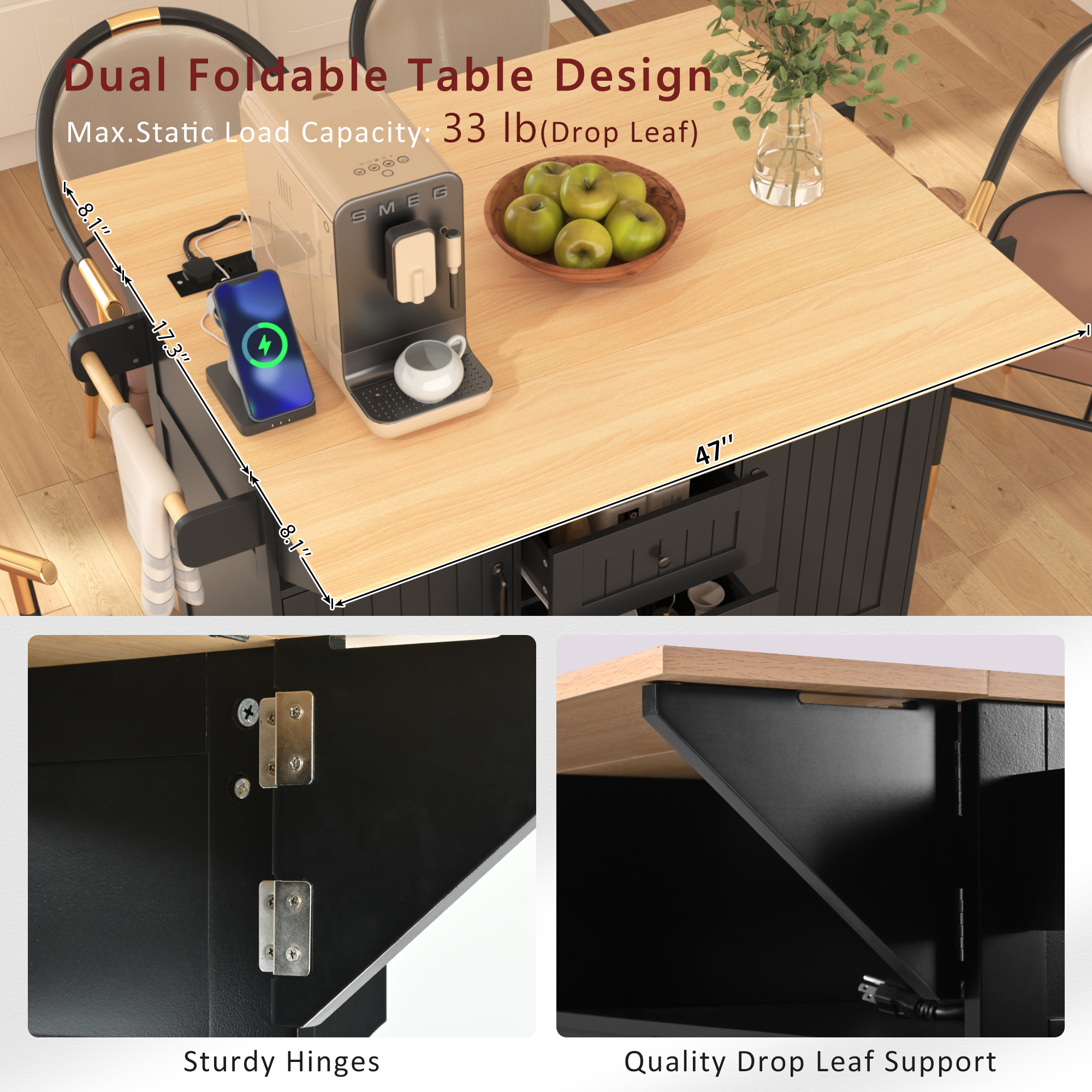 K&K 55.7'' Large Kitchen Island with 2 Drop Leaf,, Rolling Kitchen Cart on 5 Wheels with Power Outlet, Folding Storage Dining Table with Spice & Towel Rack , 3 Drawers, for Kitchen, Dining Room,Black - Grand Goldman Shop