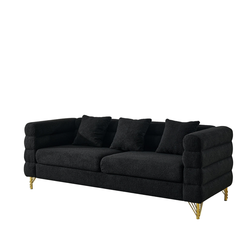 Streamline Modern 81 Inch Oversized 3 Seater Sectional Sofa in Black Teddy Fabric with 3 Lumbar Pillows, Deep Seating Comfort for Living Room Bedroom Office - Grand Goldman Shop