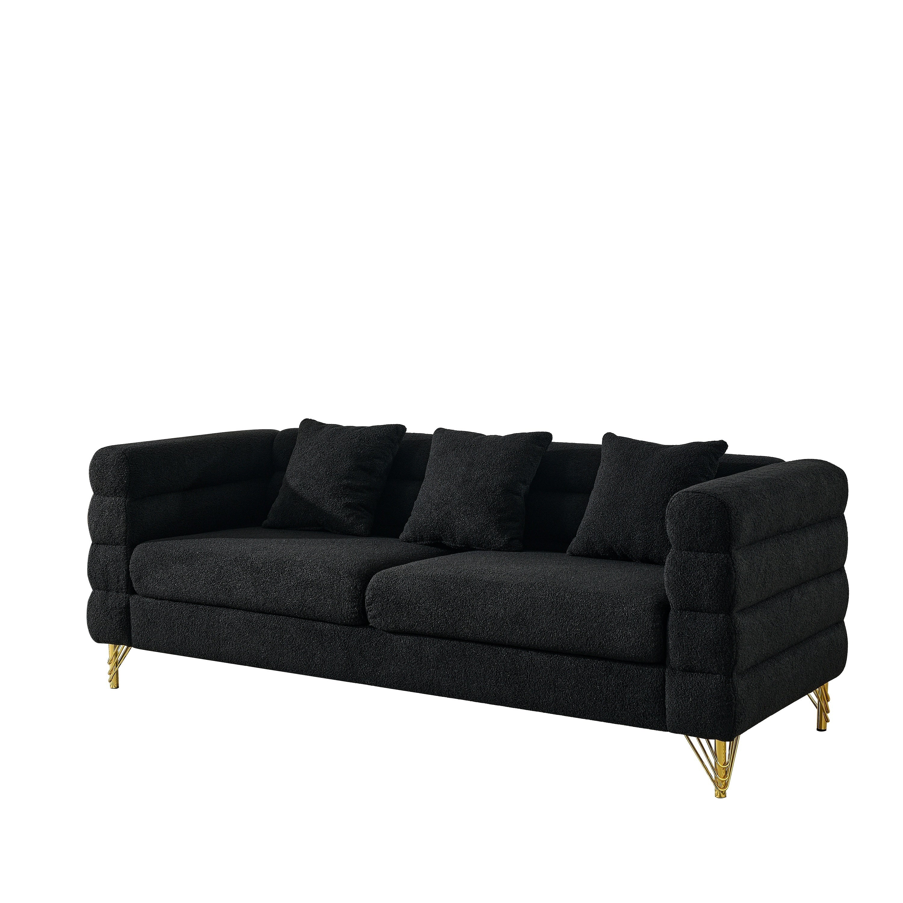 Streamline Modern 81 Inch Oversized 3 Seater Sectional Sofa in Black Teddy Fabric with 3 Lumbar Pillows, Deep Seating Comfort for Living Room Bedroom Office - Grand Goldman Shop