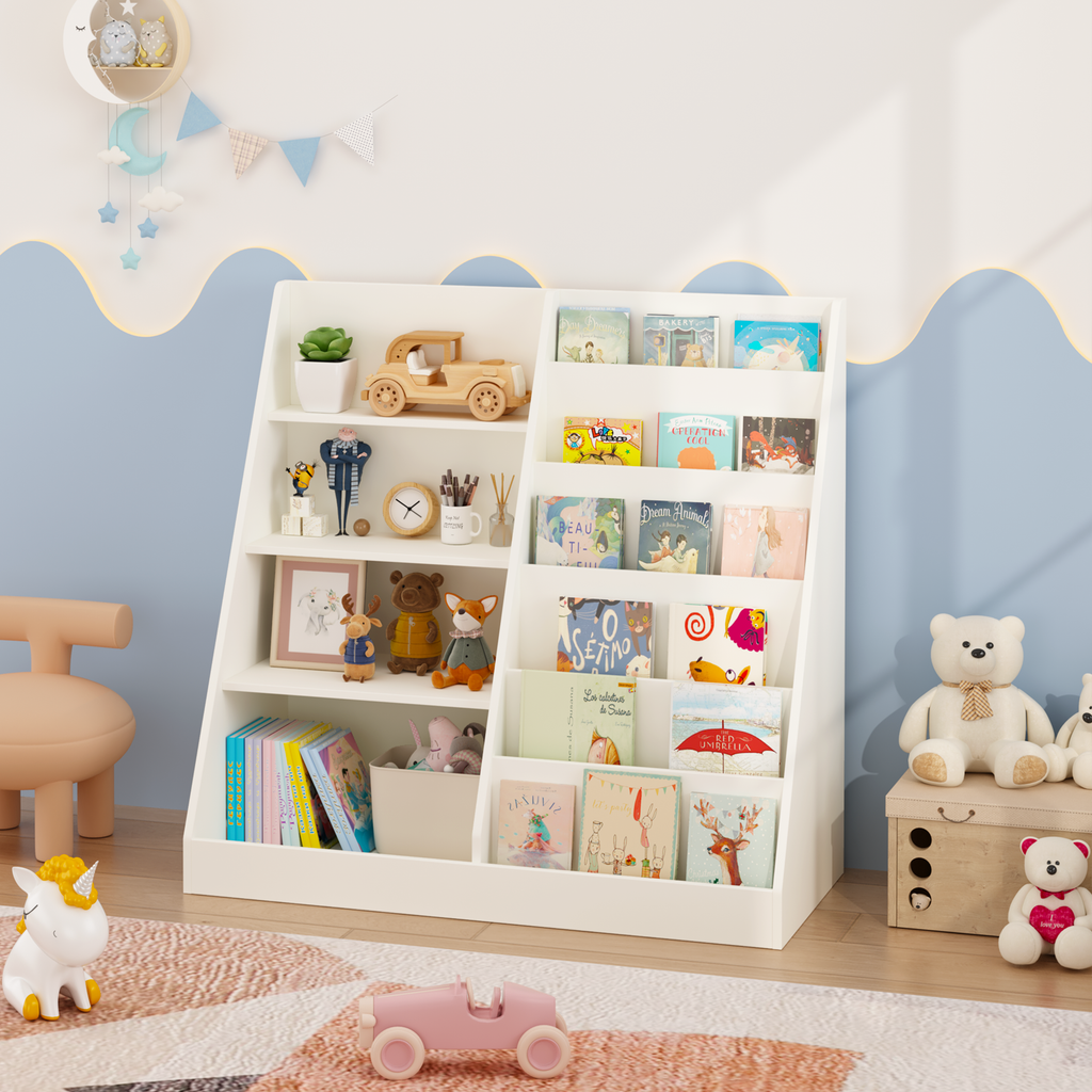 Kids Bookshelf and Toy Storage Organizer, Multifunctional 4-Tier White Wooden Bookcase with Toy Bin for Nursery, Playroom, or