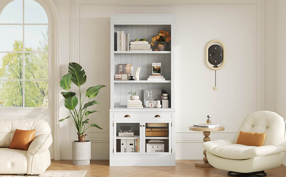 83.4'Tall Bookshelf, Modern Bookcase with 2 Glass Doors and 1 Drawer,Storage Bookcase with Open Shelves for Living Room,Home 