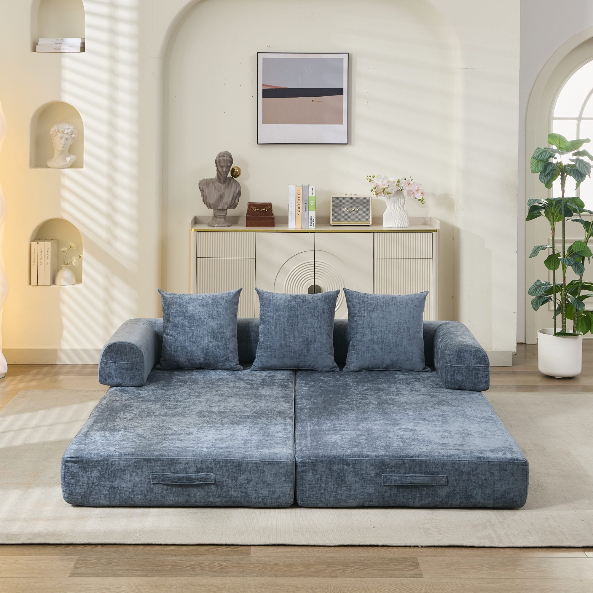 Comfy Convertible Folding Mattress Couch, Floor Sofa Bed, Chenille Floor Sofa with Armrest, Floor Sofa Lounge Couch for Living Room Bedroom Lounge Studio-Blue - Grand Goldman Shop