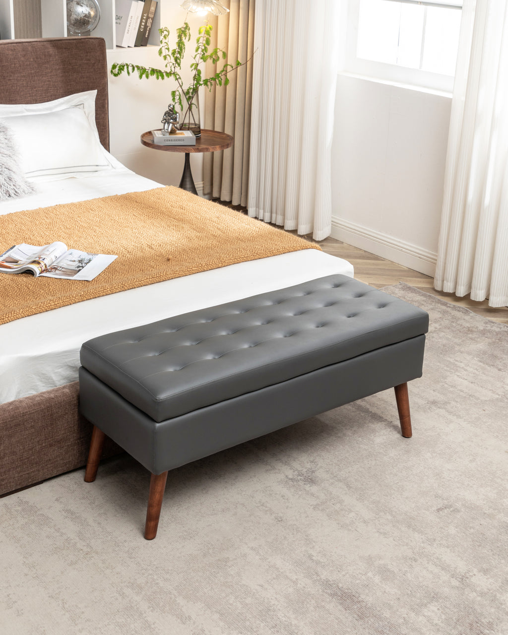 Storage Bench with Storage Bench for Bedroom End of Bed Bench Foot of Bed Bench Entryway Bench Storage Ottoman Bench 43.3' W x 17.7' Dark Grey Leather Bench - Grand Goldman Shop