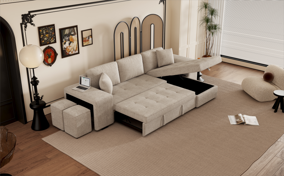 Modern L-Shape 3 Seat Reversible Sectional Couch with Pull Out Sleeper, Storage Chaise & 2 Stools, Cream, Linen Chenille - Grand Goldman Shop