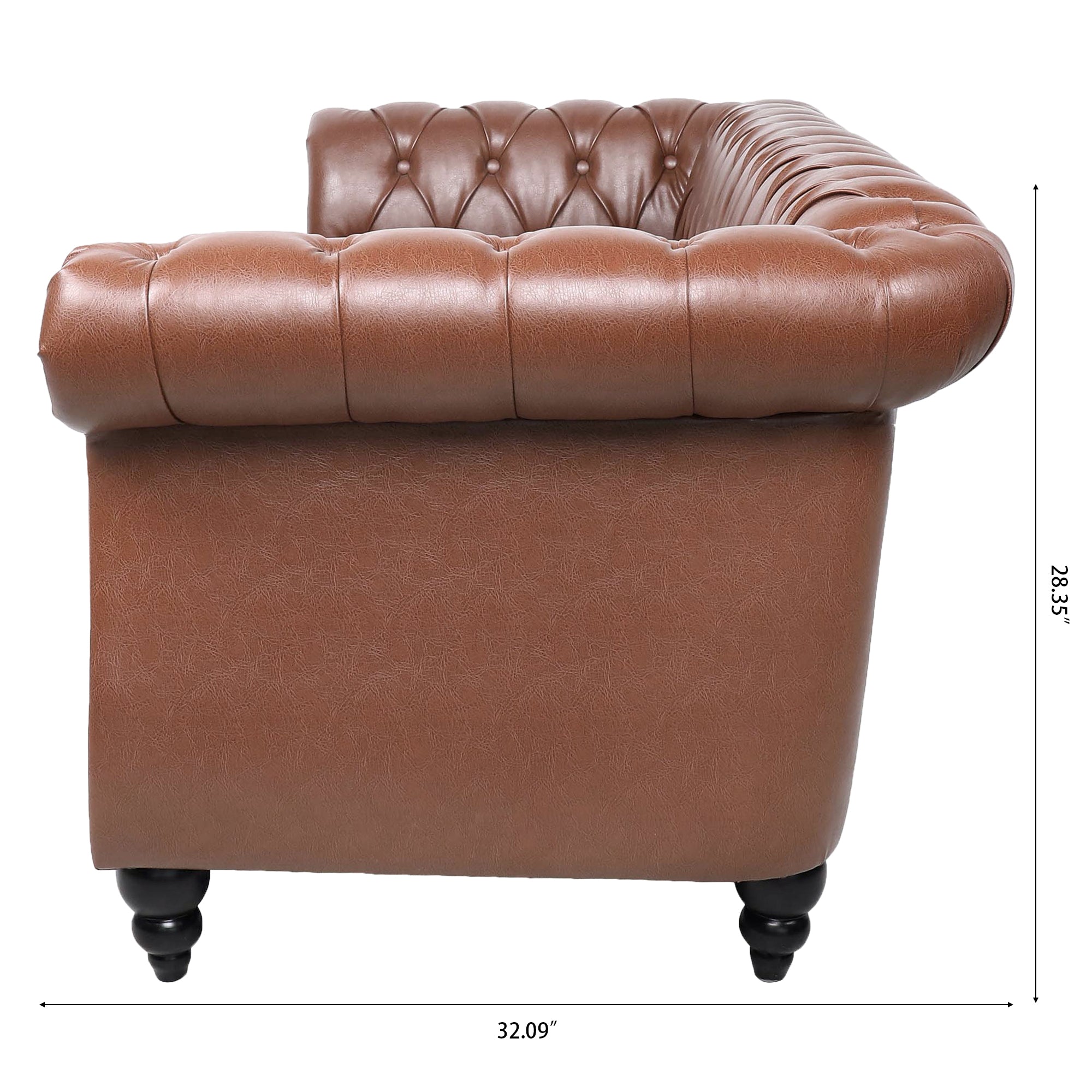 Classic Chesterfield Three Seater Sofa Brown PU Leather with Rolled Arms and Birch Legs 84.65 Inches - Grand Goldman Shop