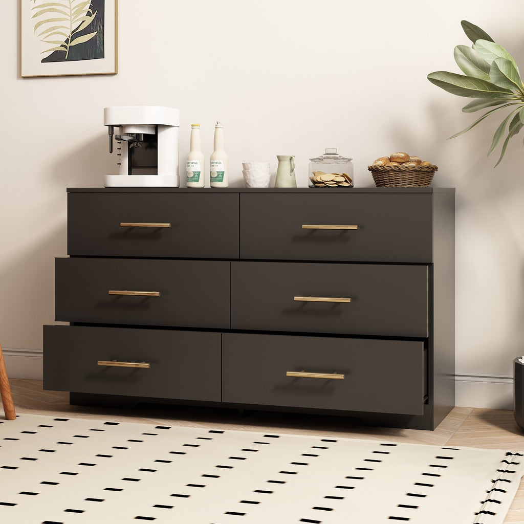 Black color Large 6 drawers chest of drawer dressers table with golden handle - Grand Goldman Shop
