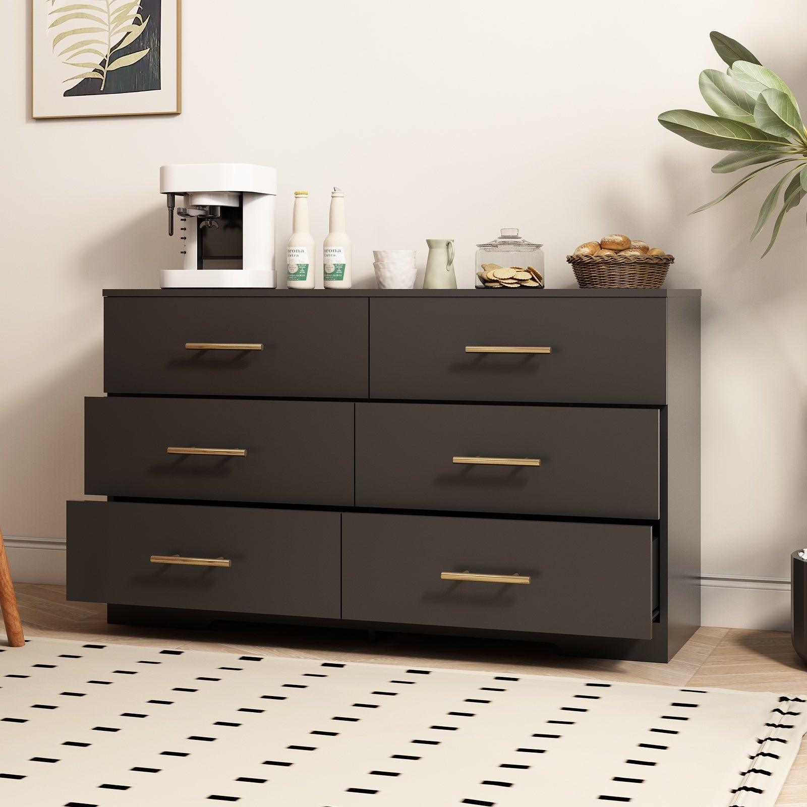 Black color Large 6 drawers chest of drawer dressers table with golden handle - Grand Goldman Shop