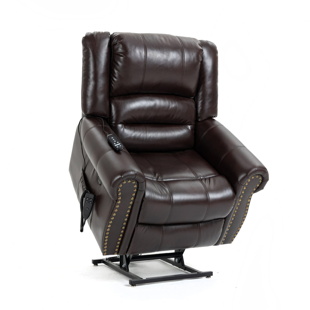 Power Lift Recliner Chair Heat Massage Dual Motor Infinite Position Up to 350 LBS, Faux Leather, Heavy Duty Motion Mechanism with USB Ports, Brown - Grand Goldman Shop