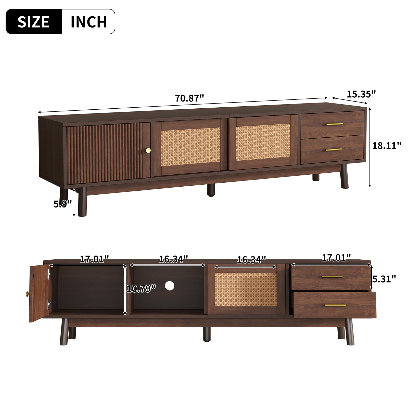 Mid Century Modern TV Stand for 80' TVs with Sliding Doors and Drawers, Dark Brown Rattan Accent Storage Unit in Solid Wood and MDF, 70.87' L x 15.35' W x 18.11' H - Grand Goldman Shop