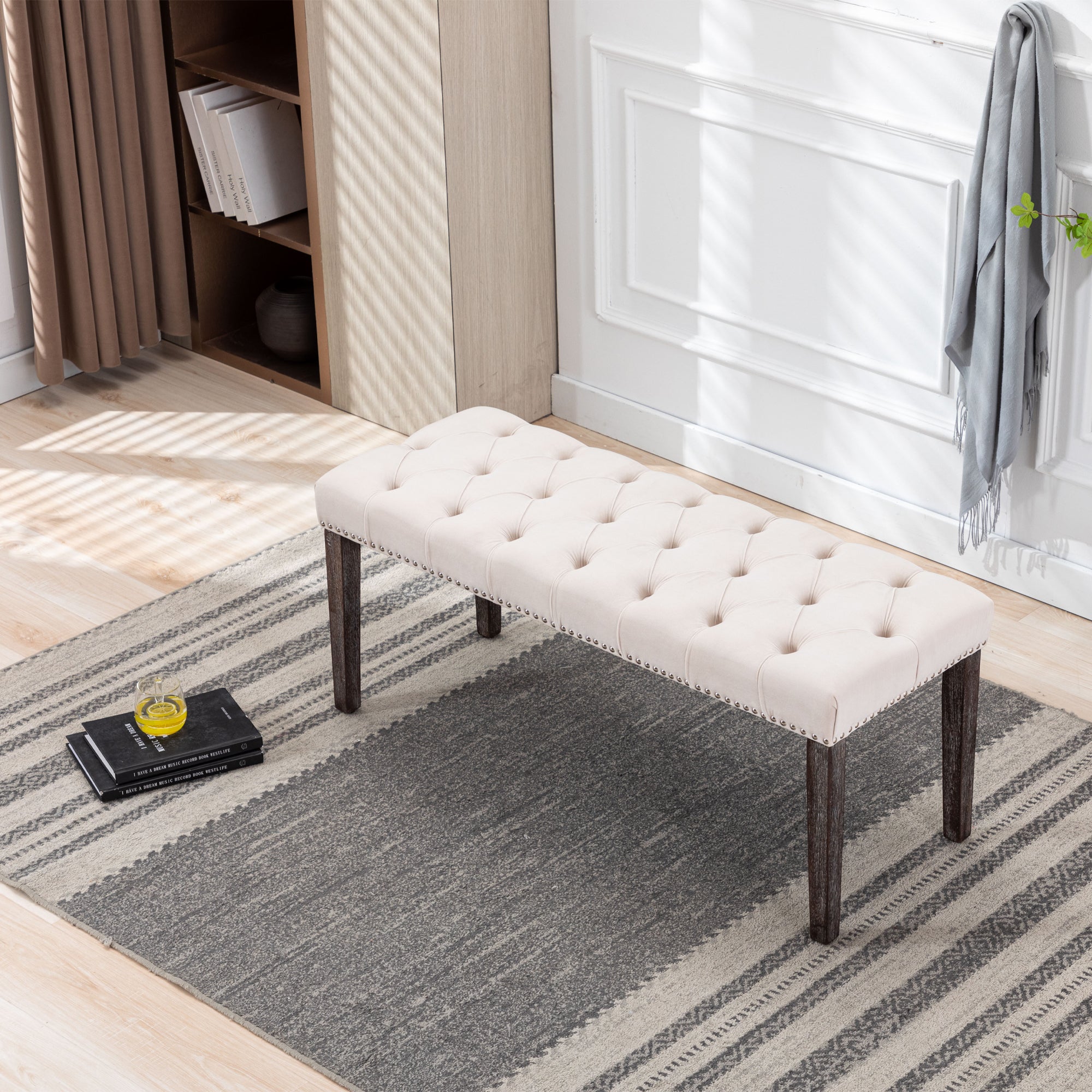Heng Ming Upholstered Tufted Bench Ottoman , Velvet Dining Bench Bedroom Bench  Footrest Stool Accent Bench for Entryway Dining Room Living Room, Beige - Grand Goldman Shop