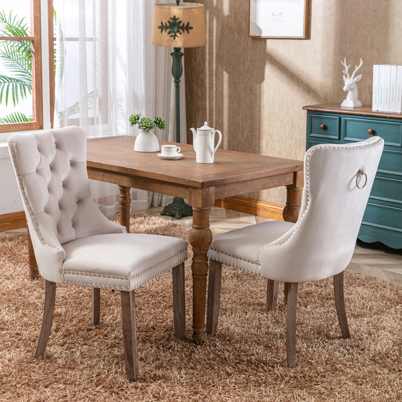 Nikki Collection Modern, High-end Tufted Solid Wood Contemporary Velvet Upholstered Dining Chair with Wood Legs Nailhead Trim 2-Pcs Set,Beige, SW2001BG - Grand Goldman Shop