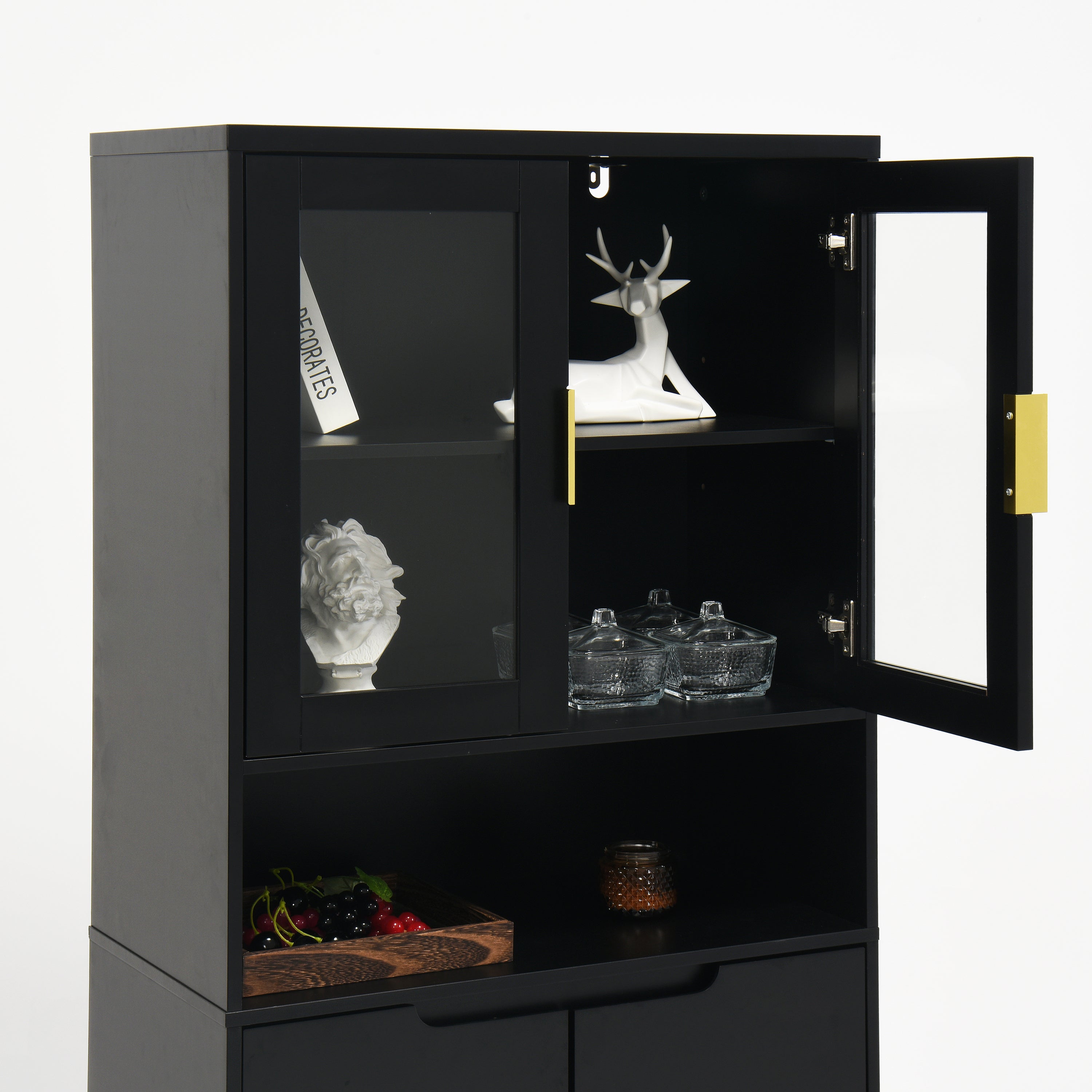 Tempered Glass Door Tall Storage Bookcase with adjustable board, 4 doors MDF painting finished cabinet, Black, Living room Bedroom storage - Grand Goldman Shop