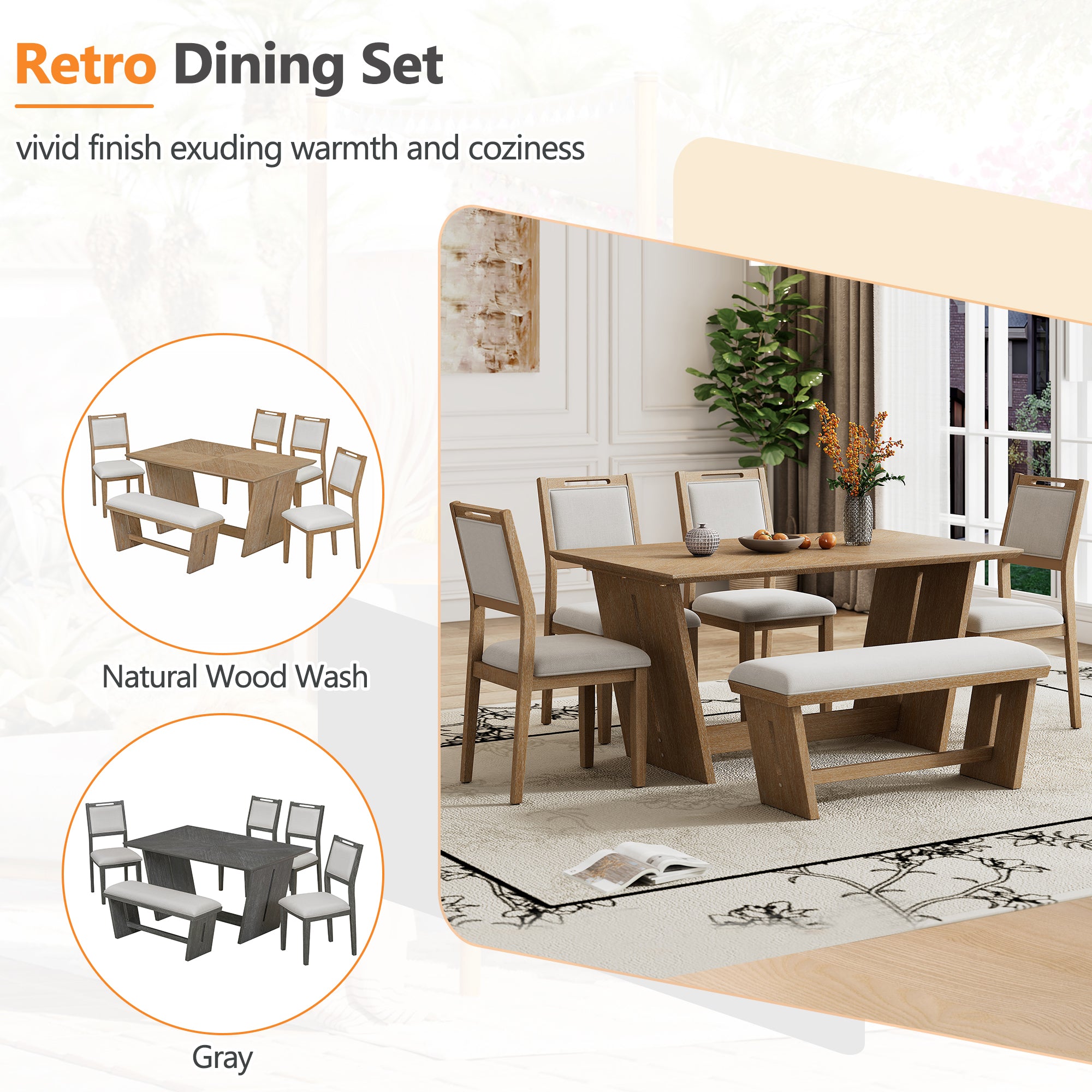 TREXM 6-Piece Retro Dining Table Set for 6, 60' Wood Kitchen Table and Chairs Set of 4 with Bench Designed Trestle Base for kitchen & Dining Room (Natural Wood Wash) - Grand Goldman Shop