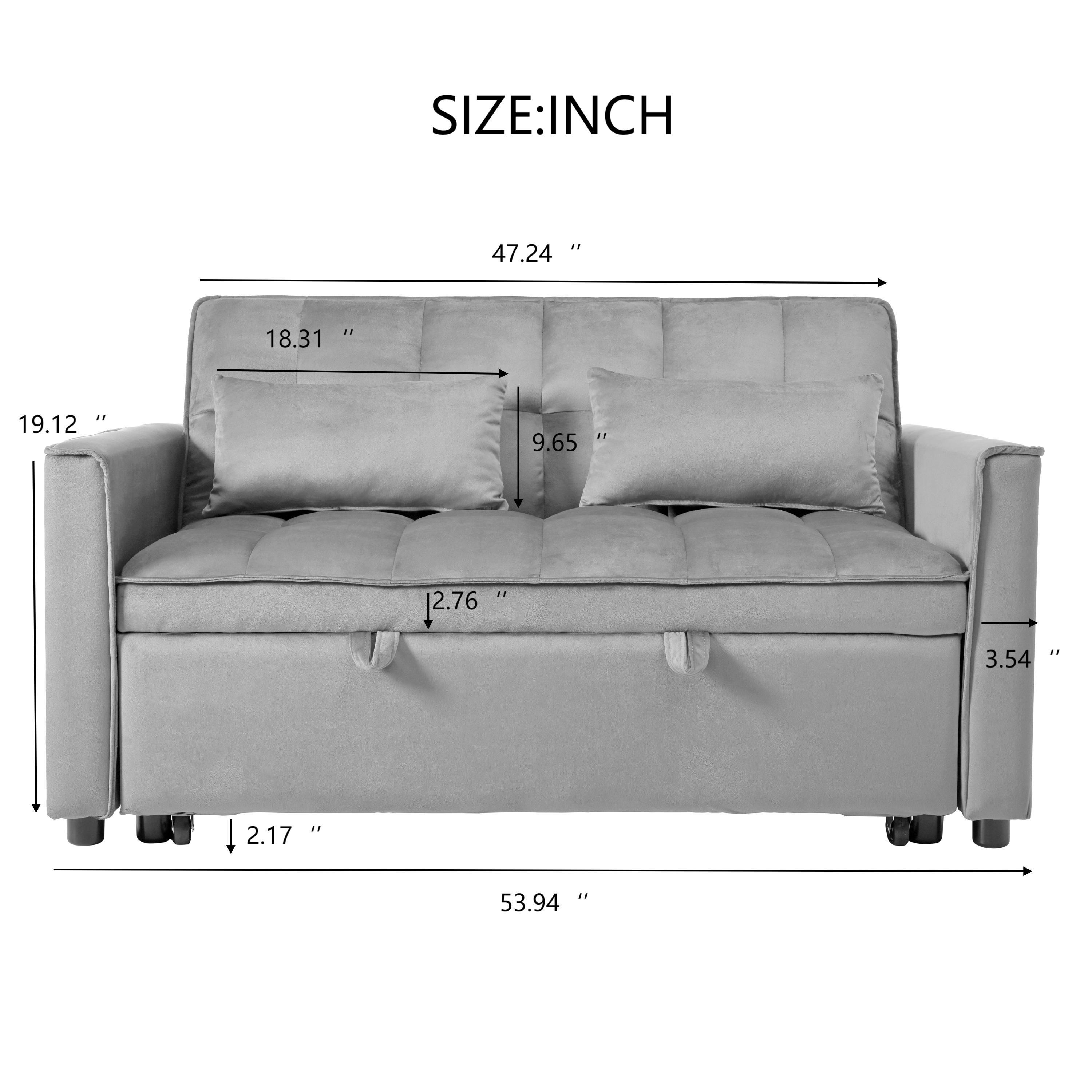 Convertible Sofa Bed, 3-in-1 Pull Out Couch Bed with Reclining Backrest, Pillows, Light Gray Velvet. - Grand Goldman Shop