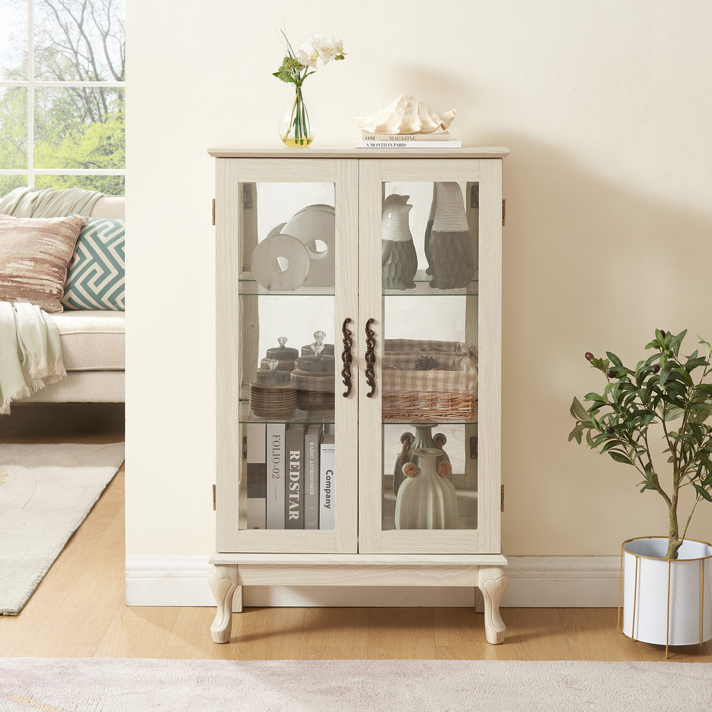 2 Doors Curio Cabinet with Tempered Glass Doors, Curio Cabinets with Mirrored Back Panel and Adjustable Shelves, Lighted Display Cabinet for Home, Office Light Bulb Included White - Grand Goldman Shop