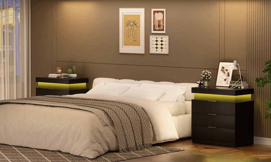 Nightstand with Charging Station and LED Lights,Night Stand with Sliding Top for Bedroom,Bedside Table with Drawers,Modern End Side Table,Black.28.8''W x 17''D x 30.5''H. - Grand Goldman Shop