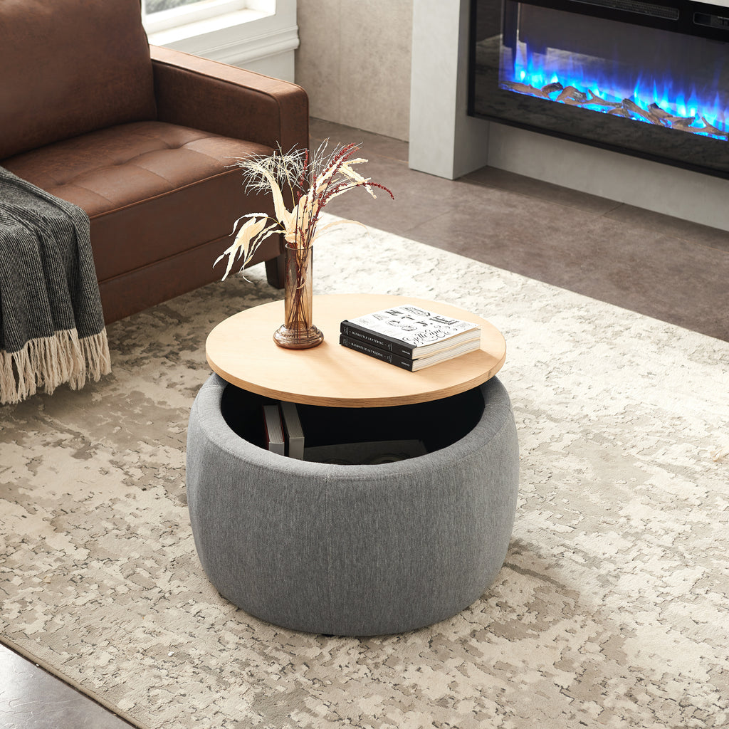 Round Storage Ottoman, 2 in 1 Function, Work as End table and Ottoman, Dark Grey (25.5'x25.5'x14.5') - Grand Goldman Shop