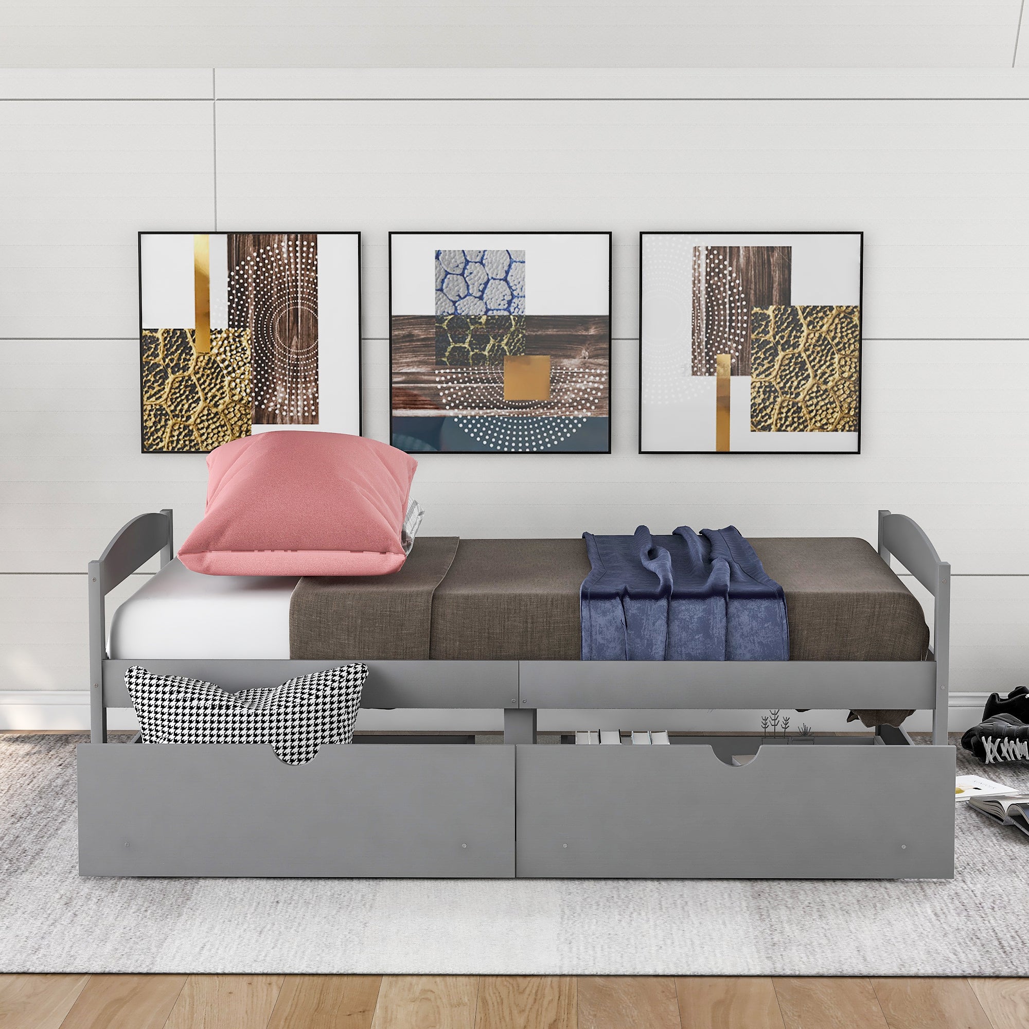 Gray Twin Size Platform Bed with Two Drawers, Pine Wood and MDF Construction - Grand Goldman Shop