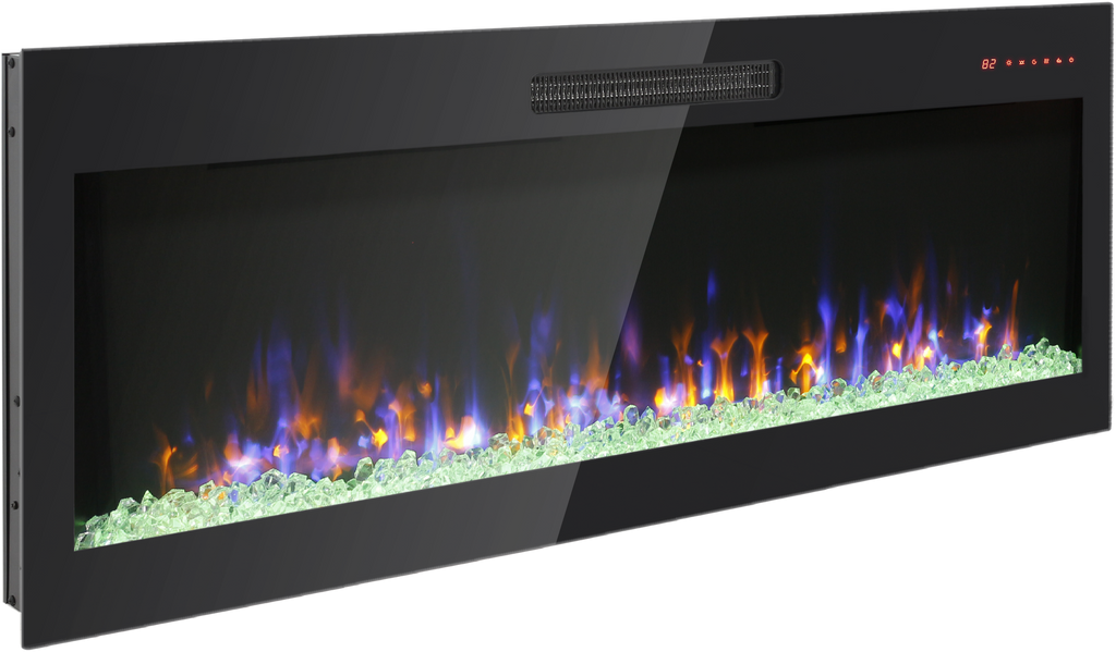 60 inch recessed ultra thin tempered glass front wall mounted electric fireplace with remote and multi color flame & emberbed, LED light heater - Grand Goldman Shop