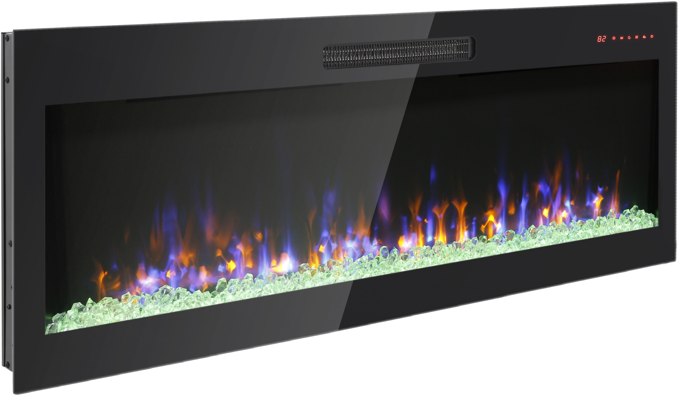 60 inch recessed ultra thin tempered glass front wall mounted electric fireplace with remote and multi color flame & emberbed, LED light heater - Grand Goldman Shop