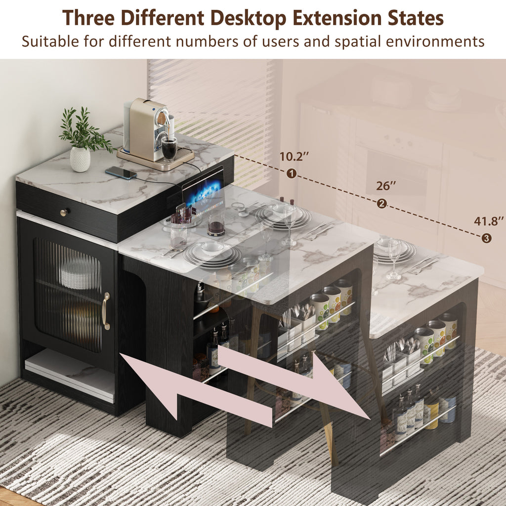 K&K 59.5' Kitchen Island with Extendable Dining Table, Kitchen Storage Table with Double-sided Storage, Kitchen Island with 2 Drawers, Power Outlet, Side Open Shelves, for Kitchen, Dining Room, Black - Grand Goldman Shop
