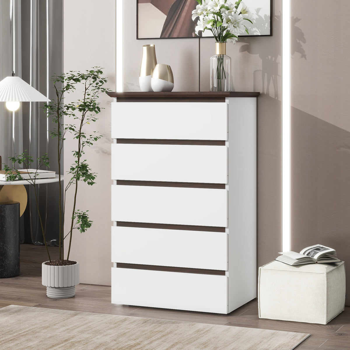 5 Drawer Dresser for Bedroom,  Modern Closet Dressers Chest of Drawers, White & Walnut color Storage Dresser Chest Cabinet Organizer Unit - Grand Goldman Shop