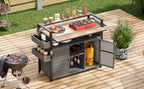 K&K 52.8'W Wicker Outdoor Grill Cart with Extended Plastic Wood Table Top, Rolling Kitchen Island on Wheels with Storage Cabinet, for Patio Backyard Garden Poolside, Double Handle Design, Grey - Grand Goldman Shop