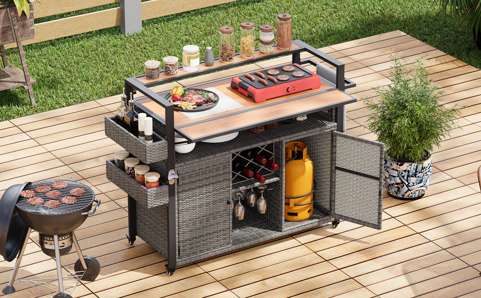 K&K 52.8'W Wicker Outdoor Grill Cart with Extended Plastic Wood Table Top, Rolling Kitchen Island on Wheels with Storage Cabinet, for Patio Backyard Garden Poolside, Double Handle Design, Grey - Grand Goldman Shop