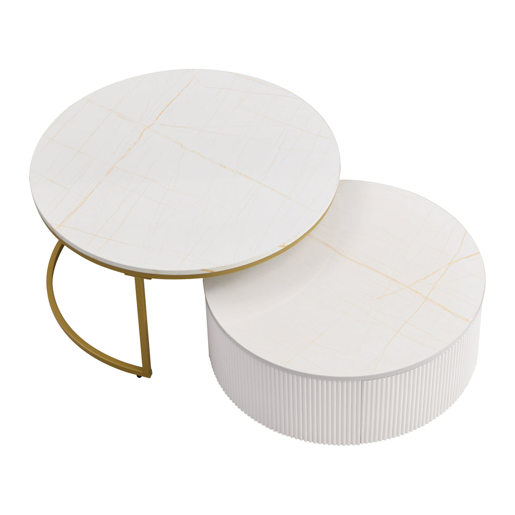 Modern Round Nesting Coffee Table Fluted with Drawer in White & Gold in 31.5'' - Grand Goldman Shop