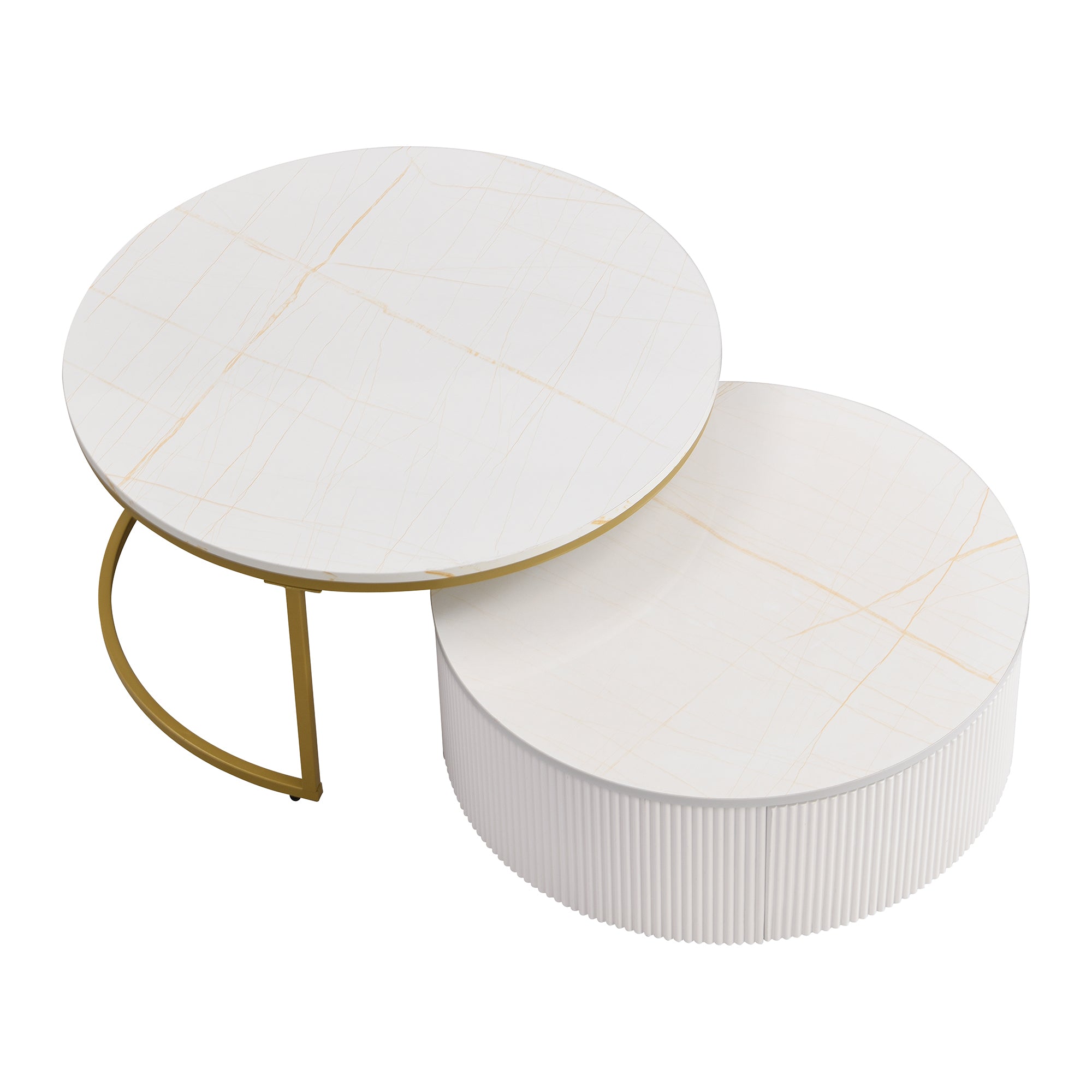 Modern Round Nesting Coffee Table Fluted with Drawer in White & Gold in 31.5'' - Grand Goldman Shop