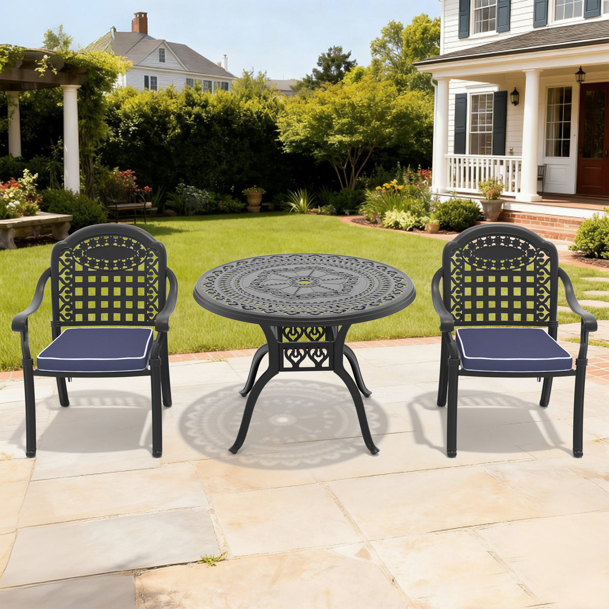 3-Piece Set Of Cast Aluminum Patio Furniture With Blue Cushions