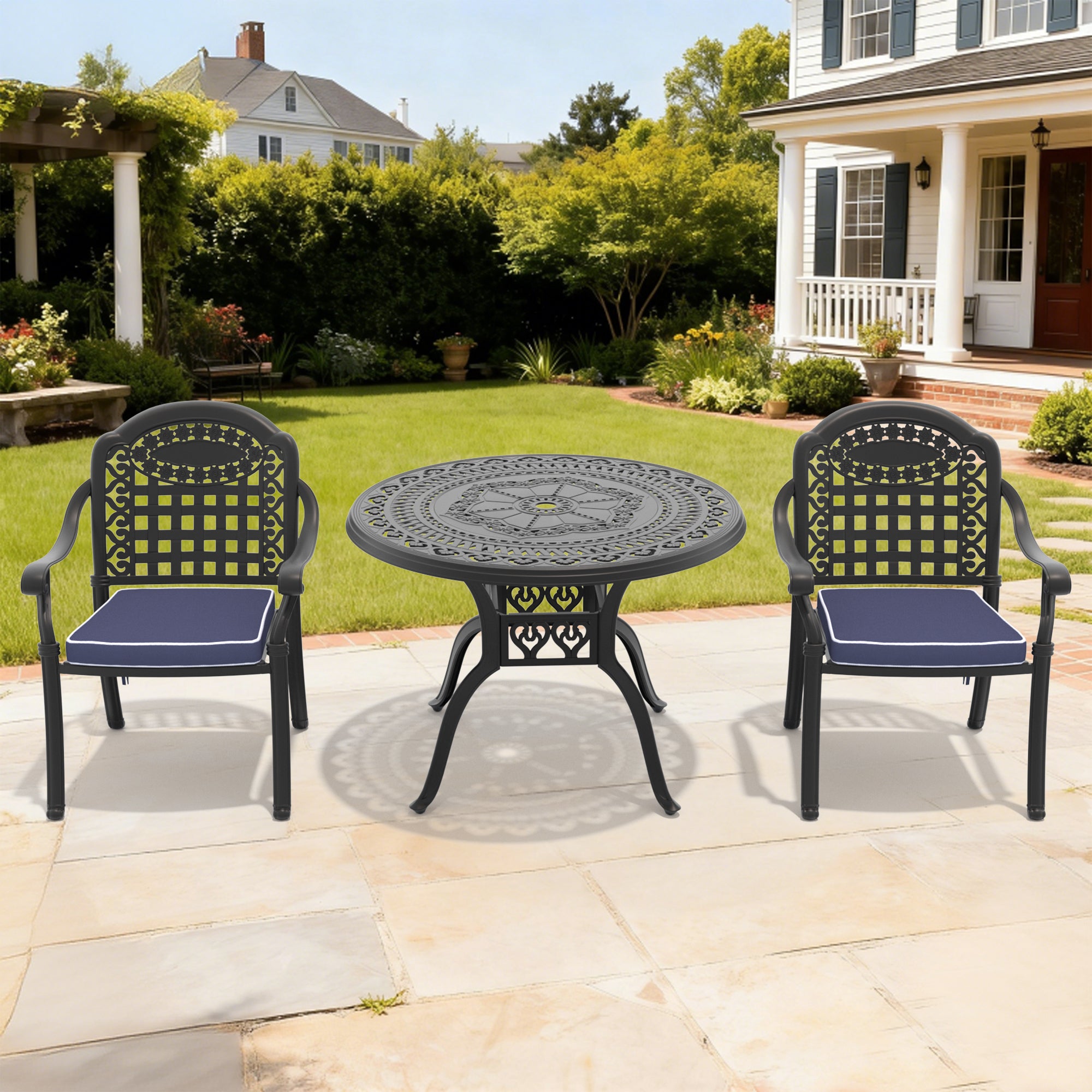 3-Piece Set Of Cast Aluminum Patio Furniture With Blue Cushions