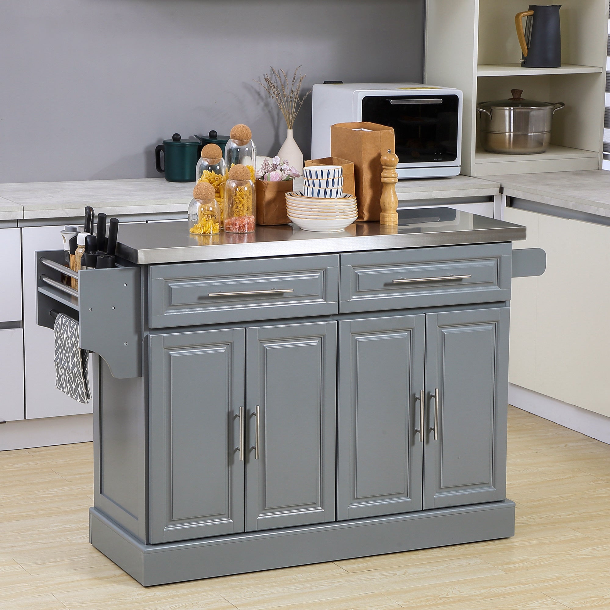 HOMCOM Rolling Kitchen Island with Stainless Steel Top and Storage, Gray, MDF, 57 x 17.75 x 36 inches - Grand Goldman Shop