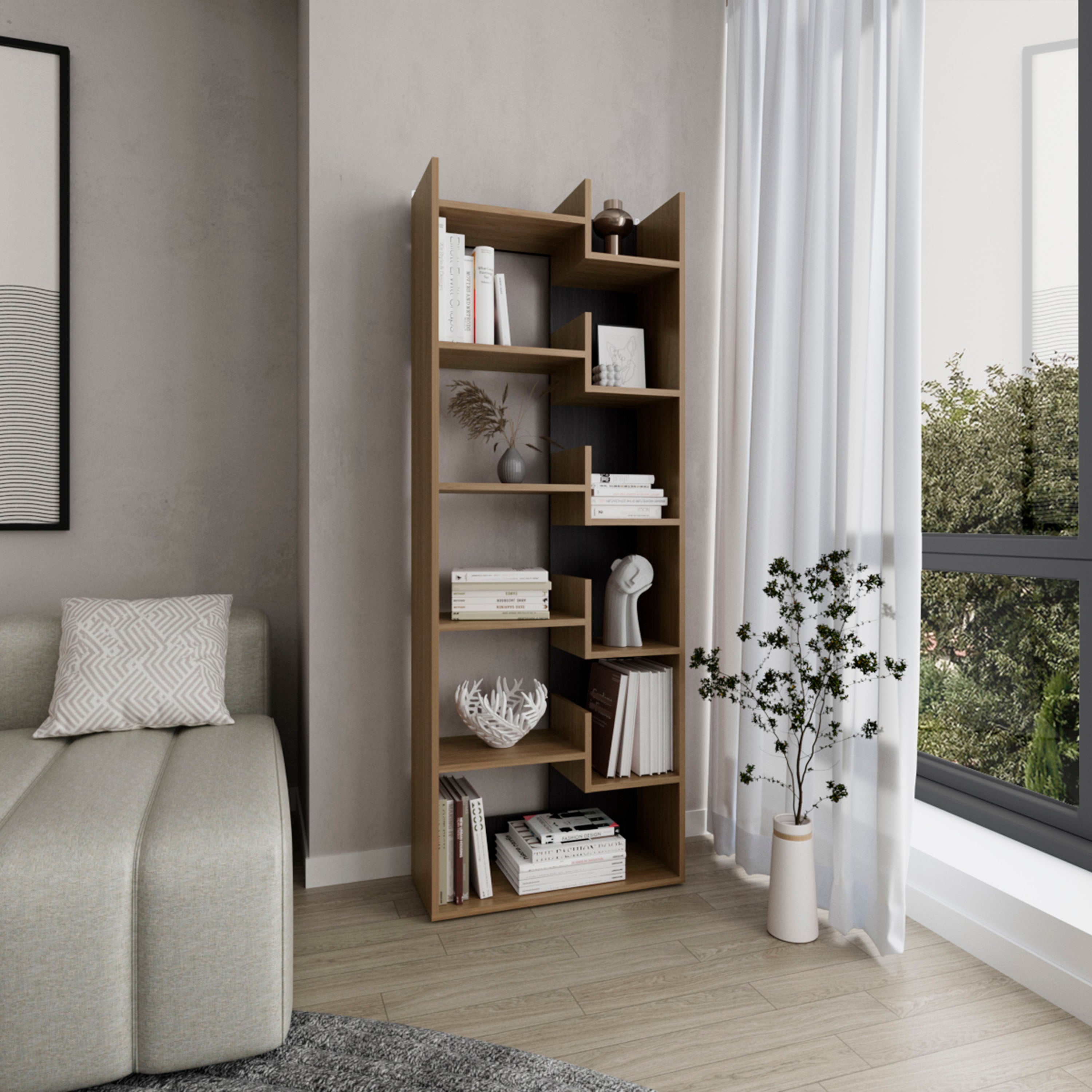 Clover 67' Tall Free standing 6-Tier Bookcase Storage Cabinet, Home Office, Living room, Bookshelf Dark Walnut - Grand Goldma