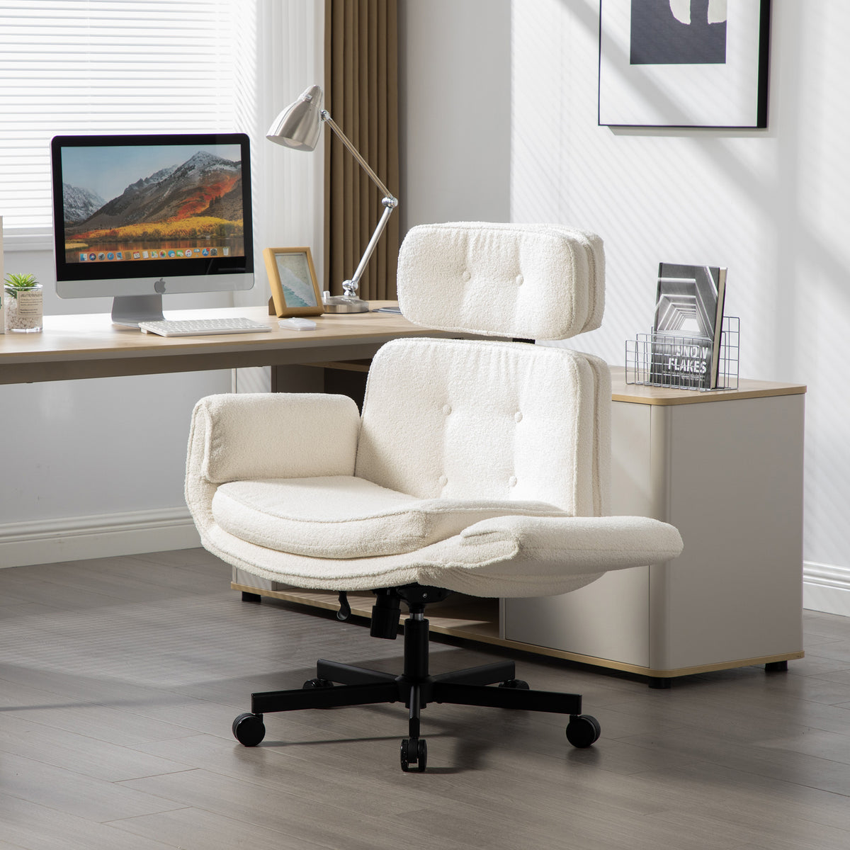 Criss Cross Chair with Adjustable Armrests & Wheels & Headrest, Lounge Vanity Desk Chair with Wide Seat for Cross-Legged Sitt