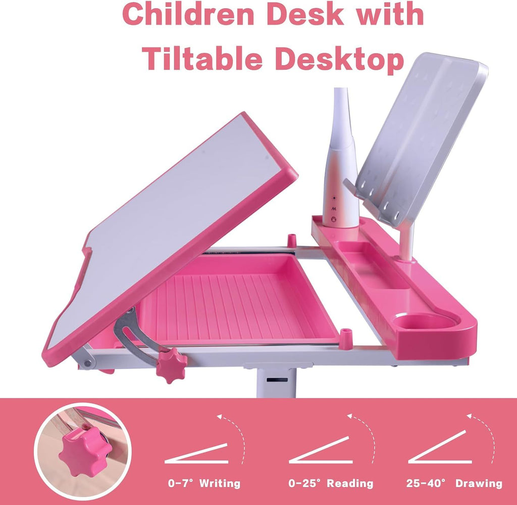 Desk for Kids Desk and Chair Set Kids Art Desk Drafting Table Desk Set with Adjustable Height, 40-Degree Tiltable Children De