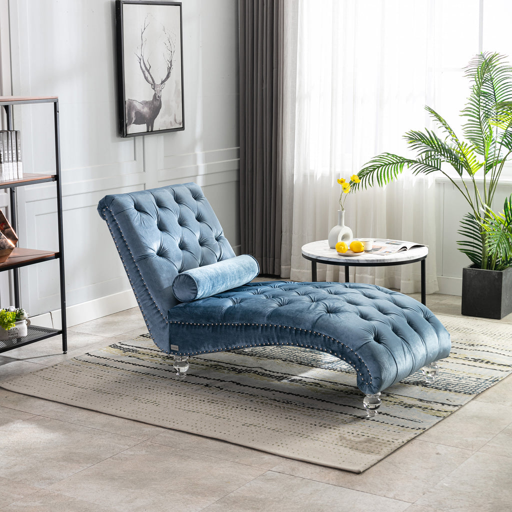 Velvet Chaise Lounge Chair with Pillow, Button-Tufted Upholstered, Light Blue, Solid Wood Frame, Acrylic Legs - Grand Goldman Shop