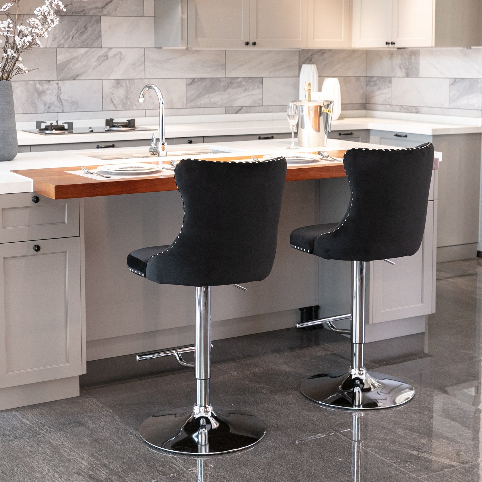 A&A Furniture Modern Swivel Velvet Barstools with Adjustable Height and Chrome Base, Black, Set of 2 - Grand Goldman Shop