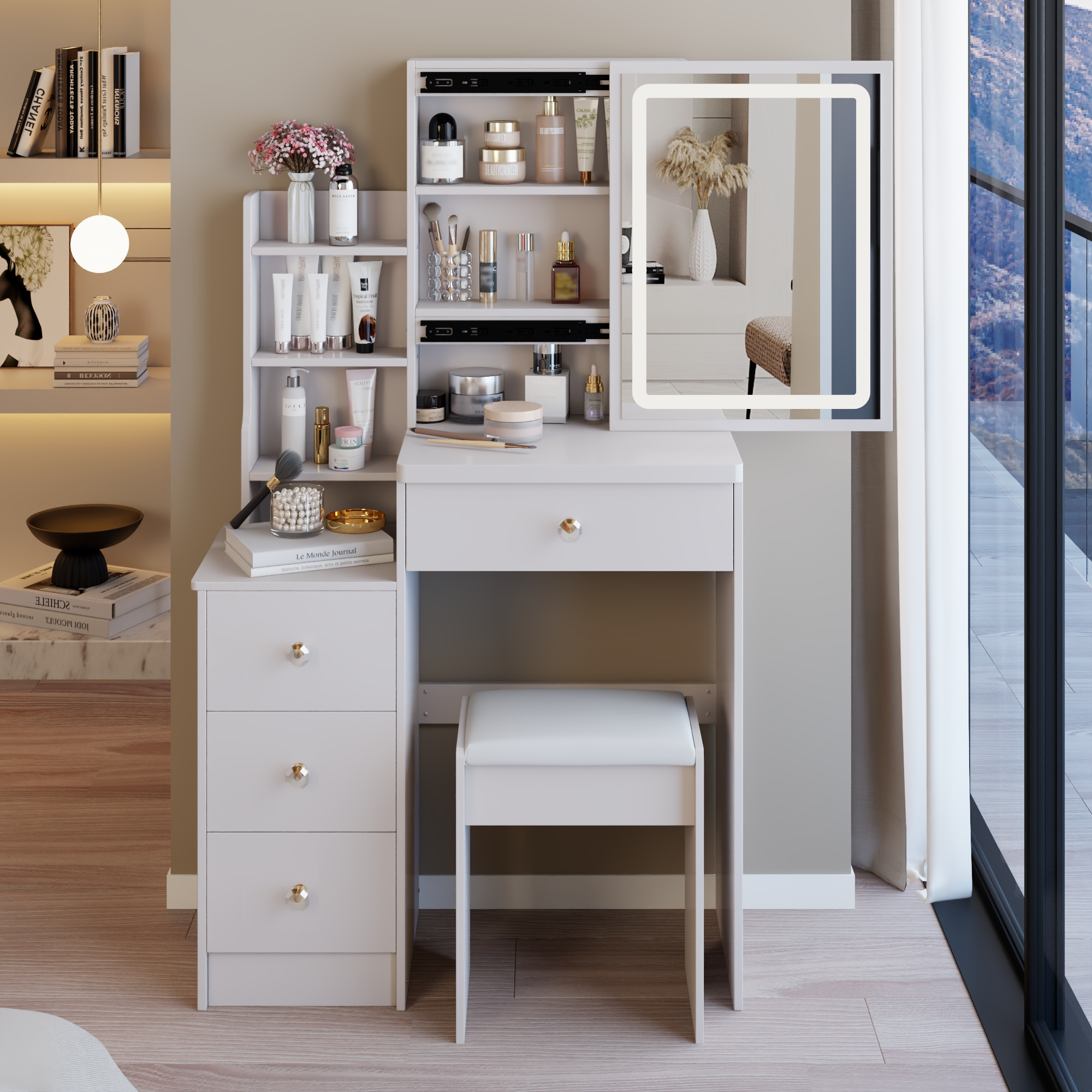 29.2' Small Size Left Bedside Cabinet LED Mirror Vanity Table + Cushioned Stool, Large Sliding, Touch Control, 3-color Switch, Brightness Adjust Mirror, High Capacity Storage, EPA, GCC, UL Certificate - Grand Goldman Shop