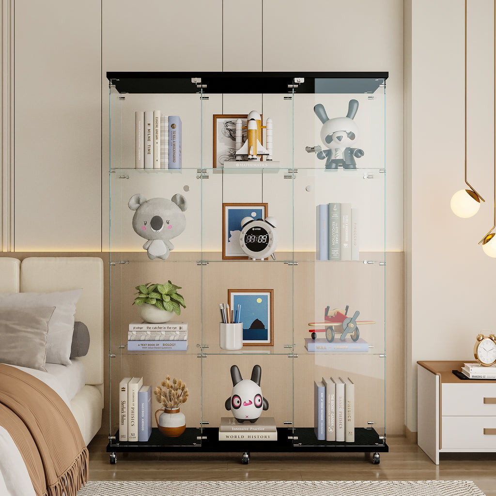 Glass Display Cabinet with 4 Shelves Extra Large, Curio Cabinets for Living Room, Bedroom, Office, Black Floor Standing Glass