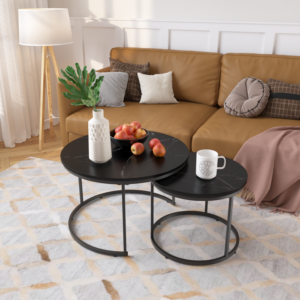 Nesting Coffee Table Set of 2, 27.6in Round Wood Marble Pattern Top with Sturdy Metal Frame, Black Living Room Side Tables for Bedroom Balcony Yard - Grand Goldman Shop